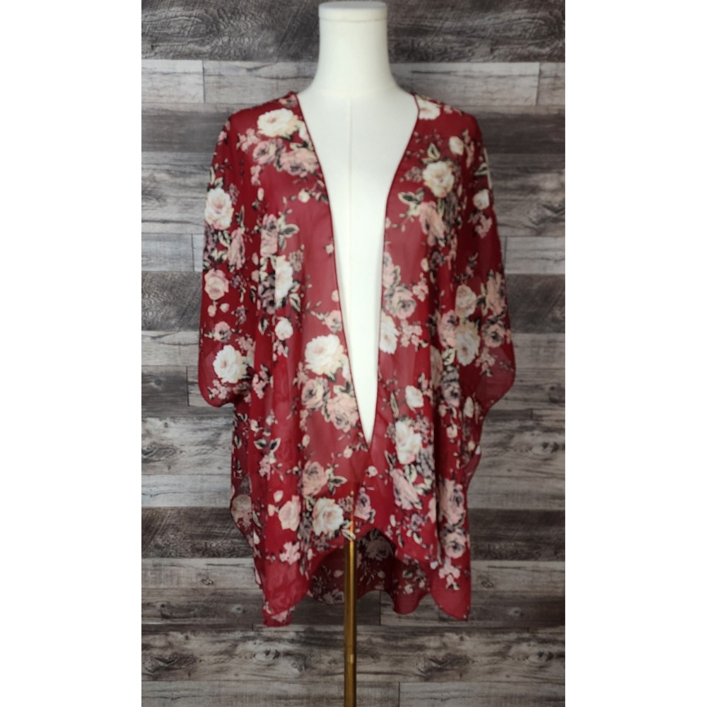Emory Park Burgundy Floral Chiffon Kimono Cardigan Wrap Medium Made in USA